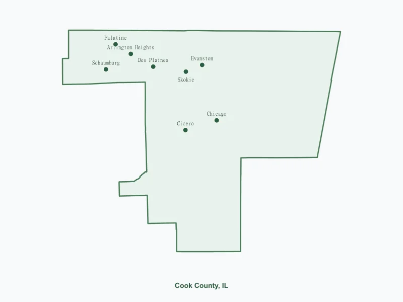 Map of Cook County, IL showing major cities