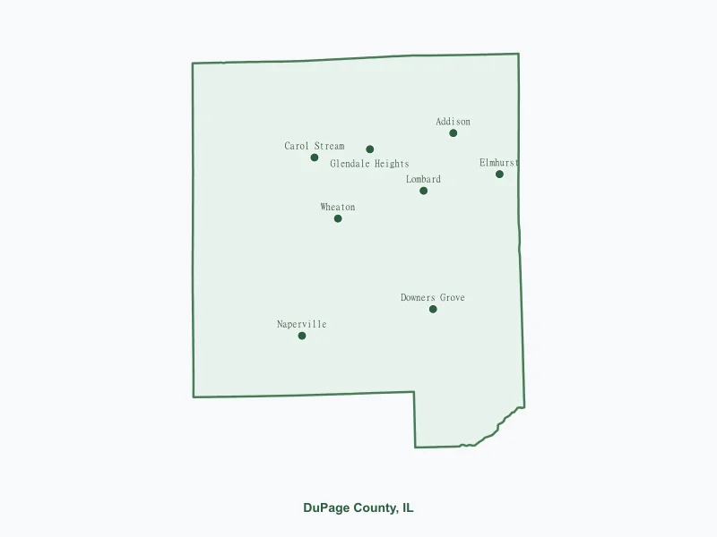 Map of DuPage County, IL showing major cities